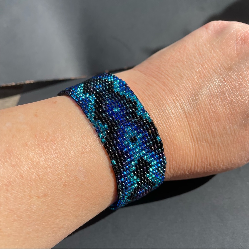 Beautiful Beaded Loom Bracelet Black Blue Handmade Beaded Clasp